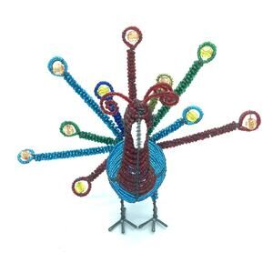 Beaded Metal Wire Peacock Figurine Sculpture Folk Art Colorful Preowned